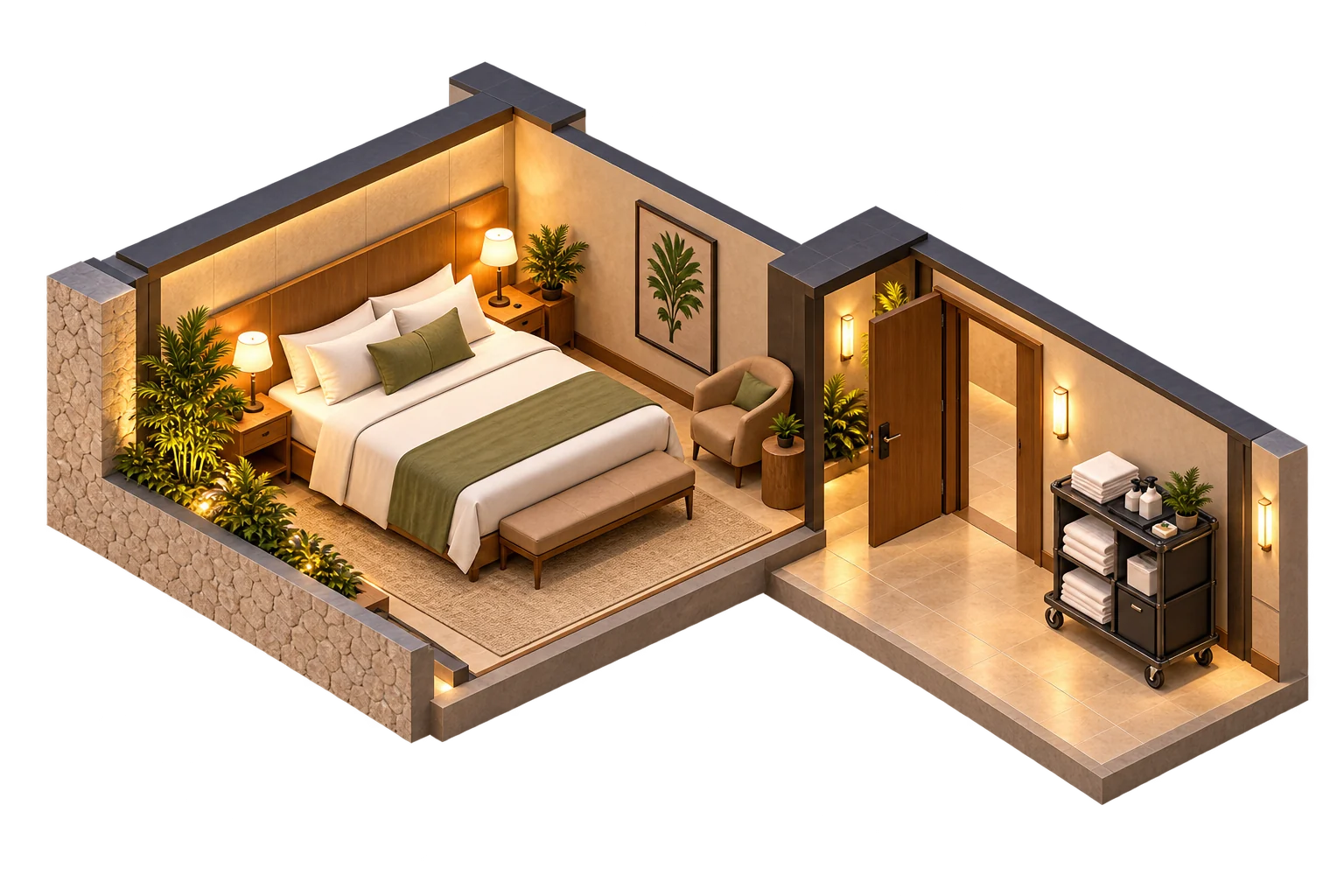 Ilustração de um apartamento preparado e da rotina de governança no corredor.