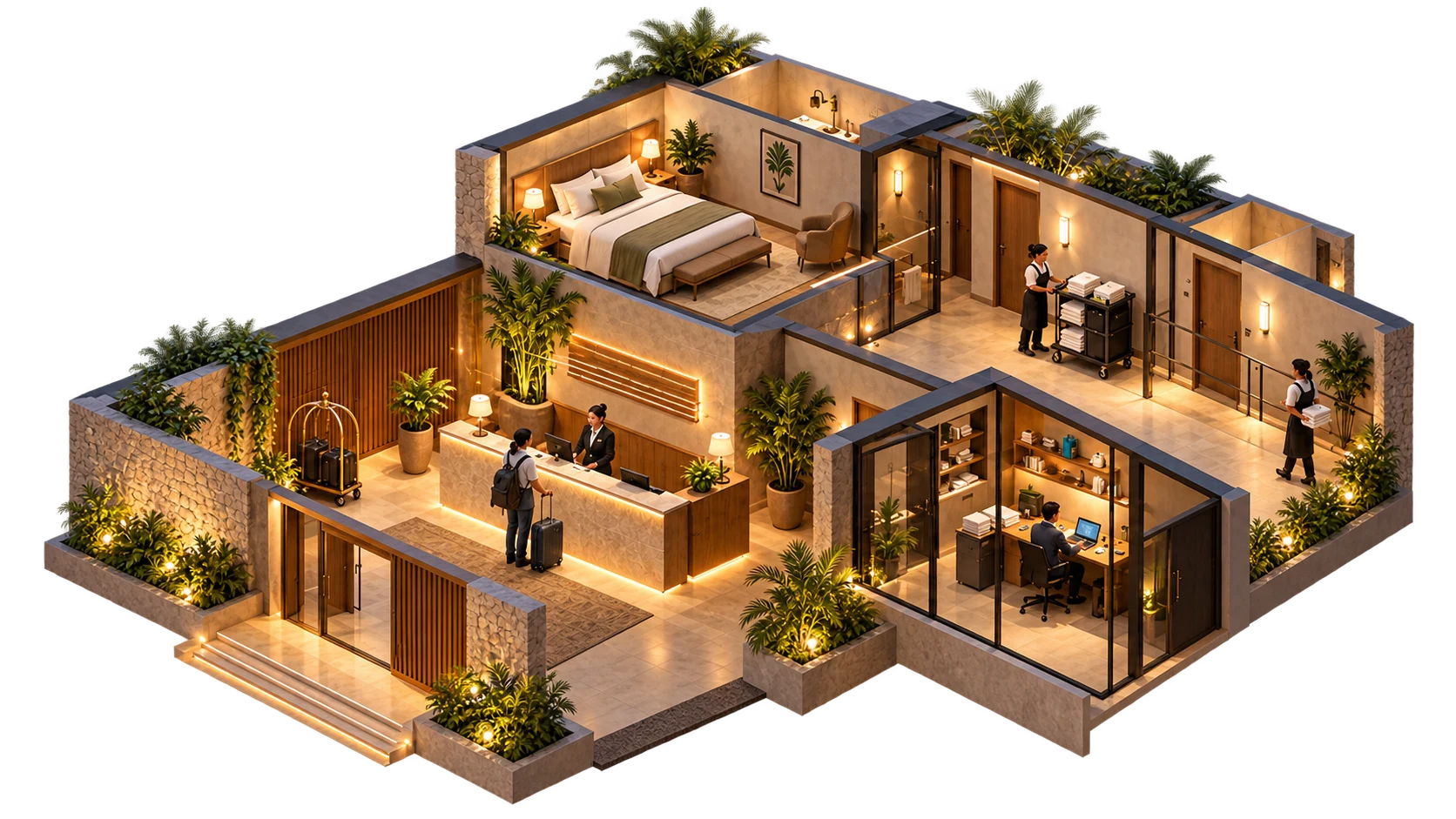 Ilustração de um hotel em corte, com recepção, apartamentos e área de gestão.
